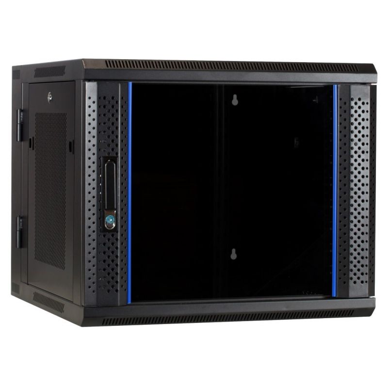 9U seinäkaappi (käännettävä) lasiovella ja rei'itetyillä sivuseinillä 600x600x500mm (LxSxK)