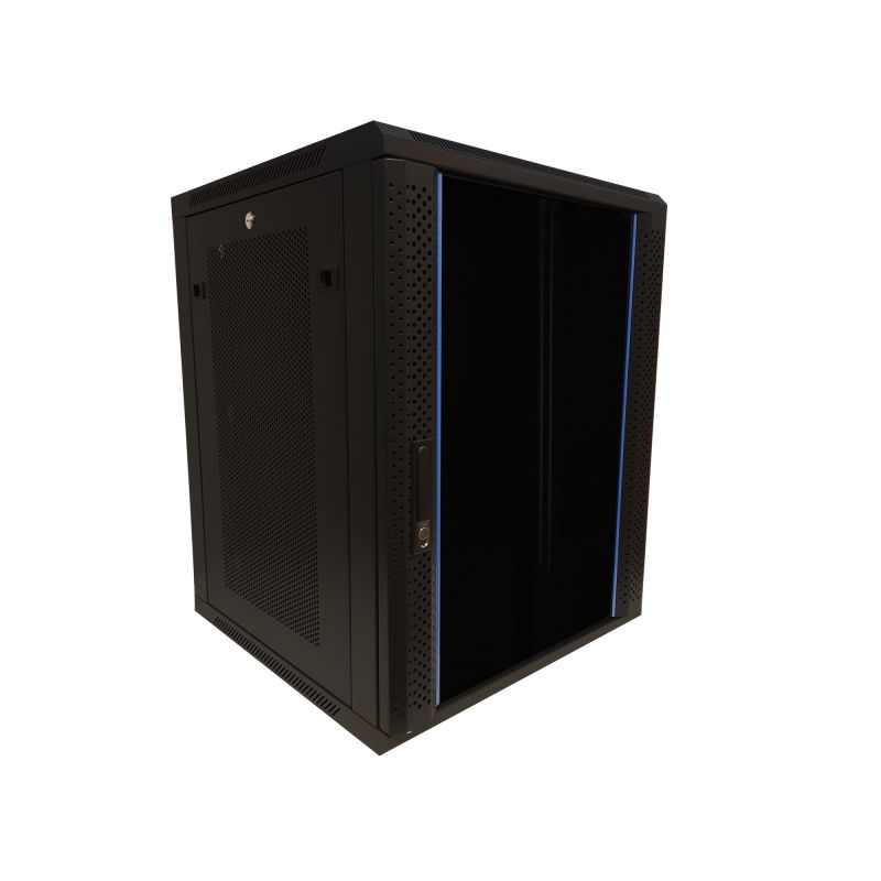 15U seinäkaappi lasiovella - rei'itetyt sivupaneelit 600x600x770mm (LxSxK)